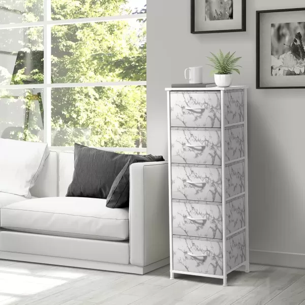 imageSorbus Nightstand with 4 Drawers  Bedside Furniture ampamp Night Stand End Table Dresser with Steel Frame Wood Top Easy Pull Fabric Bins for Home Bedroom Accessories Office ampamp DormMarble White  White Frame