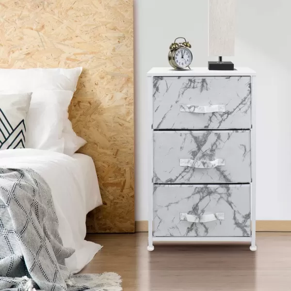 imageSorbus Nightstand with 4 Drawers  Bedside Furniture ampamp Night Stand End Table Dresser with Steel Frame Wood Top Easy Pull Fabric Bins for Home Bedroom Accessories Office ampamp DormMarble White  White Frame
