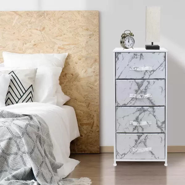 imageSorbus Nightstand with 4 Drawers  Bedside Furniture ampamp Night Stand End Table Dresser with Steel Frame Wood Top Easy Pull Fabric Bins for Home Bedroom Accessories Office ampamp DormMarble White  White Frame