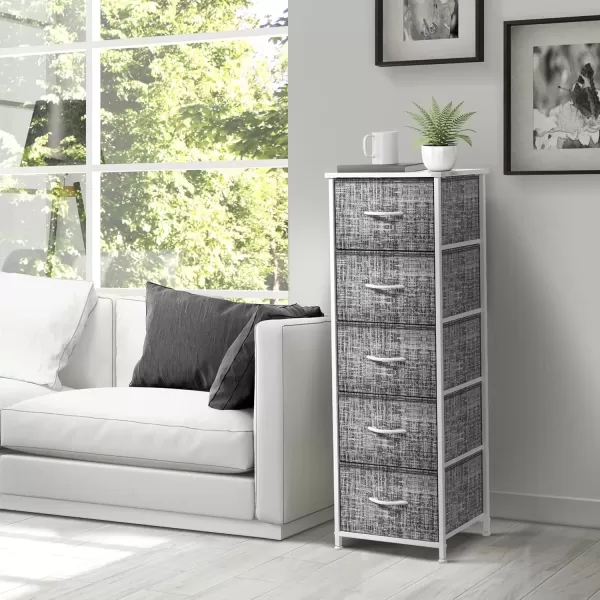 imageSorbus Nightstand with 4 Drawers  Bedside Furniture ampamp Night Stand End Table Dresser with Steel Frame Wood Top Easy Pull Fabric Bins for Home Bedroom Accessories Office ampamp DormGrayWhite