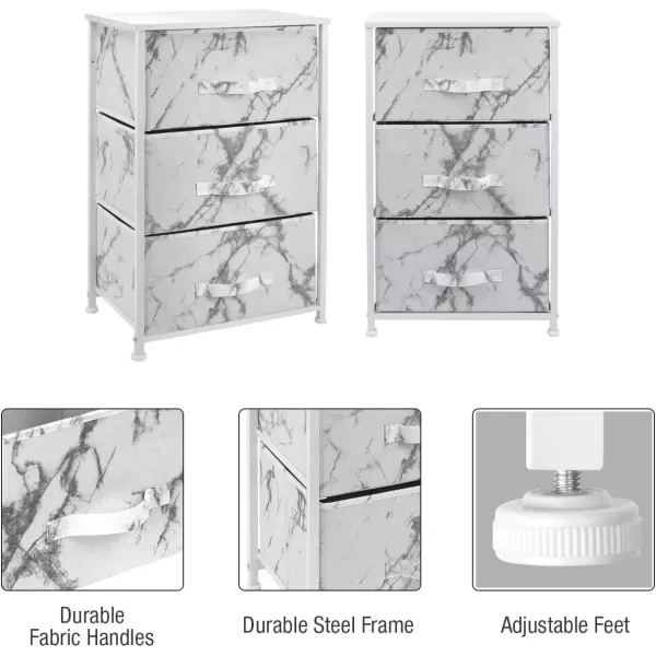 imageSorbus Nightstand with 4 Drawers  Bedside Furniture ampamp Night Stand End Table Dresser with Steel Frame Wood Top Easy Pull Fabric Bins for Home Bedroom Accessories Office ampamp DormMarble White  White Frame