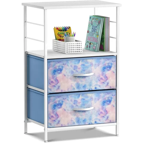 imageSorbus 2 Drawer Shelf Storage Nightstand  Kids Bedside Furniture End Table Night Stand with Steel Frame Wood Top ampamp Easy Pull Fabric Bins Dresser ampamp Chest for Home Bedroom Accessories Office ampamp CollegeTiedye Blue
