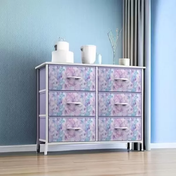 imageSorbus Dresser with 6 Drawers  Furniture Storage Tower Unit for Bedroom Hallway Closet Office Organization  Steel Frame Wood Top Easy Pull Fabric Bins 6Drawer Pastel PurplePurple Tie Dye