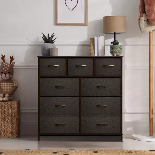 imageSorbus Dresser with 9 Drawers  Furniture Storage Chest Tower Unit for Bedroom Hallway Closet Office Organization  Steel Frame Wood Top Easy Pull Fabric Bins Marble White  Black FrameBrown