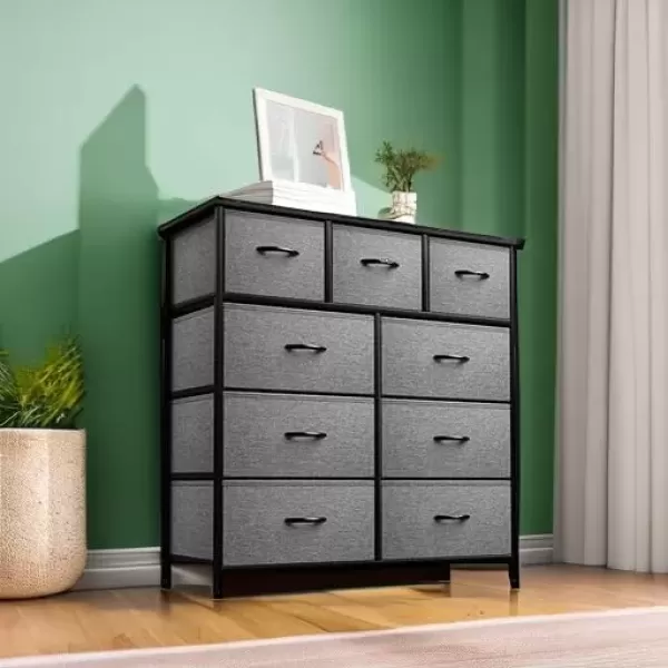 imageSorbus Dresser with 9 Drawers  Furniture Storage Chest Tower Unit for Bedroom Hallway Closet Office Organization  Steel Frame Wood Top Easy Pull Fabric Bins Marble White  Black FrameBlack