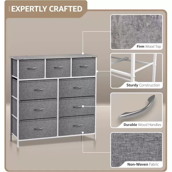 imageSorbus Dresser with 9 Drawers  Furniture Storage Chest Tower Unit for Bedroom Hallway Closet Office Organization  Steel Frame Wood Top Easy Pull Fabric Bins Marble White  Black FrameGrey