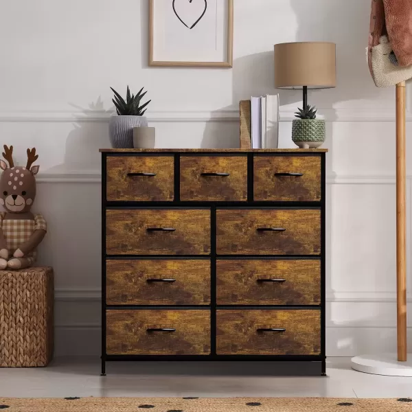 imageSorbus Dresser with 9 Drawers  Furniture Storage Chest Tower Unit for Bedroom Hallway Closet Office Organization  Steel Frame Wood Top Easy Pull Fabric Bins Marble White  Black FrameRustic Wood