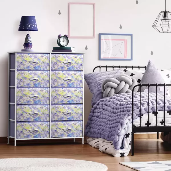 imageSorbus Kids Dresser with 10 Drawers  Storage Unit Organizer Chest for Clothes  Bedroom Kids Room Nursery ampamp Closet  Steel Frame Wood Top ampamp Handles and Easy Pull Fabric BinsTie Dye PurpleYellow