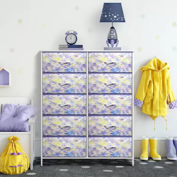 imageSorbus Kids Dresser with 10 Drawers  Storage Unit Organizer Chest for Clothes  Bedroom Kids Room Nursery ampamp Closet  Steel Frame Wood Top ampamp Handles and Easy Pull Fabric BinsTie Dye PurpleYellow