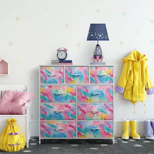 imageSorbus Kids Dresser with 9 Drawers  Furniture Storage Chest Tower Unit for Bedroom Hallway Closet Office Organization  Steel Frame Wood Top Tiedye Fabric Bins Pink TiedyeRainbow Sparkle