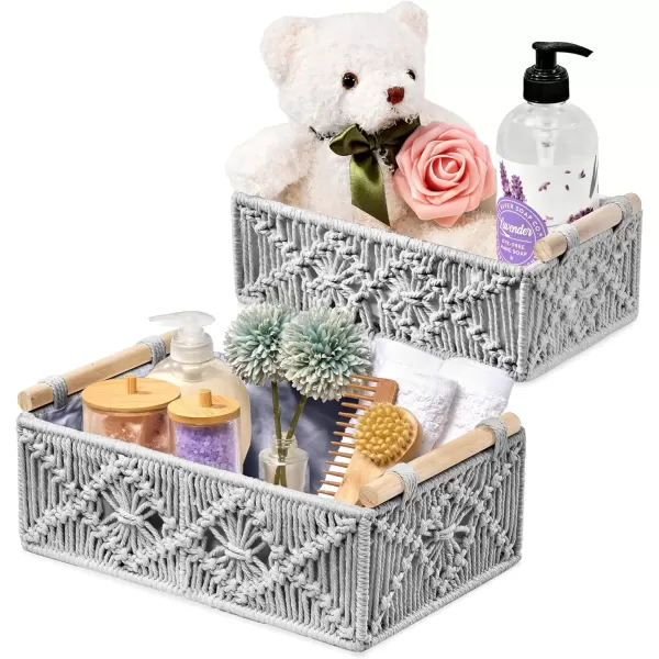 imageSorbus Macrame Boho Decor Baskets  2 Decorative Gift Baskets for Nursery Baby Room Toilet Tank Top  Lined Baby Basket Set for Organizing Changing Station Linens Clothes Diapers ToiletriesGray