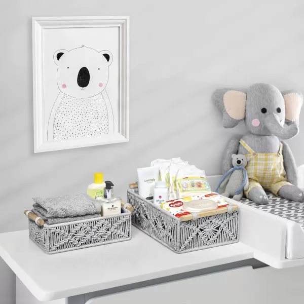 imageSorbus Macrame Boho Decor Baskets  2 Decorative Gift Baskets for Nursery Baby Room Toilet Tank Top  Lined Baby Basket Set for Organizing Changing Station Linens Clothes Diapers ToiletriesGray