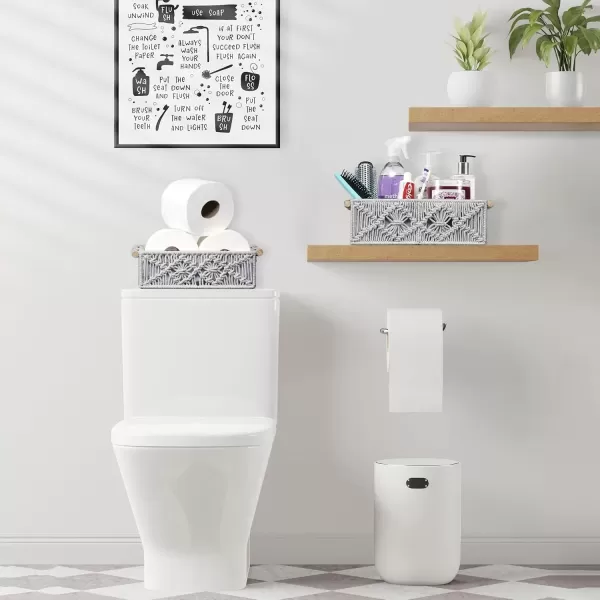 imageSorbus Macrame Boho Decor Baskets  2 Decorative Gift Baskets for Nursery Baby Room Toilet Tank Top  Lined Baby Basket Set for Organizing Changing Station Linens Clothes Diapers ToiletriesGray