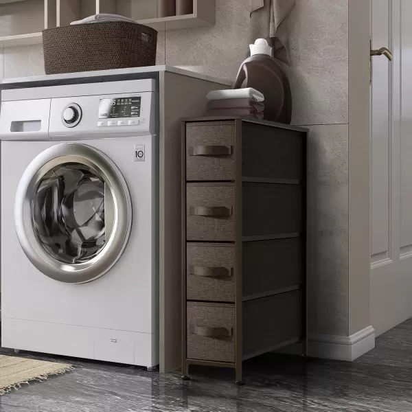 imageSorbus Narrow Dresser with 4 Drawers  Vertical Slim Storage Chest of Drawers with Steel Frame Wood Top ampamp Easy Pull Fabric Bins for Small Spaces Closets Bedroom Bathroom ampamp Laundry BeigeBrown