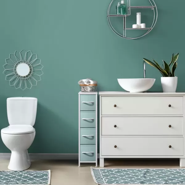 imageSorbus Narrow Dresser with 4 Drawers  Vertical Slim Storage Chest of Drawers with Steel Frame Wood Top ampamp Easy Pull Fabric Bins for Small Spaces Closets Bedroom Bathroom ampamp Laundry BeigePastel Aqua