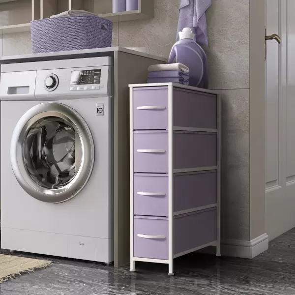 imageSorbus Narrow Dresser with 4 Drawers  Vertical Slim Storage Chest of Drawers with Steel Frame Wood Top ampamp Easy Pull Fabric Bins for Small Spaces Closets Bedroom Bathroom ampamp Laundry BeigePastel Purple