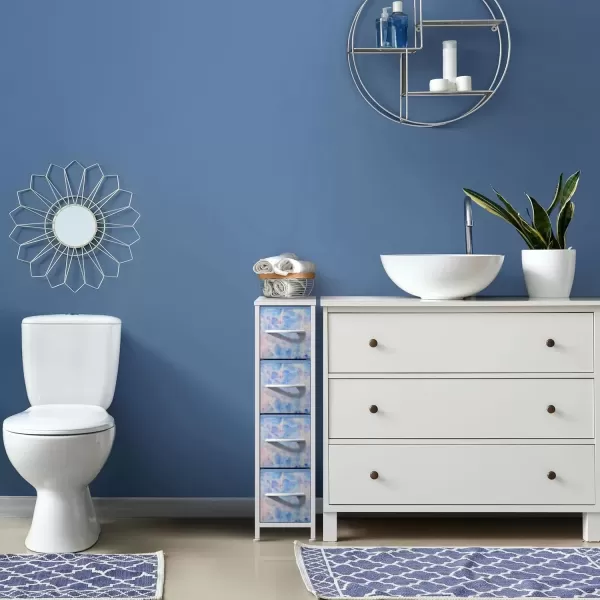 imageSorbus Narrow Dresser with 4 Drawers  Vertical Slim Storage Chest of Drawers with Steel Frame Wood Top ampamp Easy Pull Fabric Bins for Small Spaces Closets Bedroom Bathroom ampamp Laundry BeigePastel Tiedye