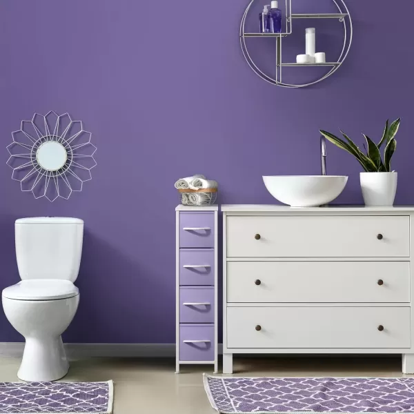 imageSorbus Narrow Dresser with 4 Drawers  Vertical Slim Storage Chest of Drawers with Steel Frame Wood Top ampamp Easy Pull Fabric Bins for Small Spaces Closets Bedroom Bathroom ampamp Laundry BeigePastel Purple