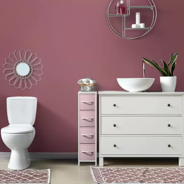 imageSorbus Narrow Dresser with 4 Drawers  Vertical Slim Storage Chest of Drawers with Steel Frame Wood Top ampamp Easy Pull Fabric Bins for Small Spaces Closets Bedroom Bathroom ampamp Laundry BeigePink