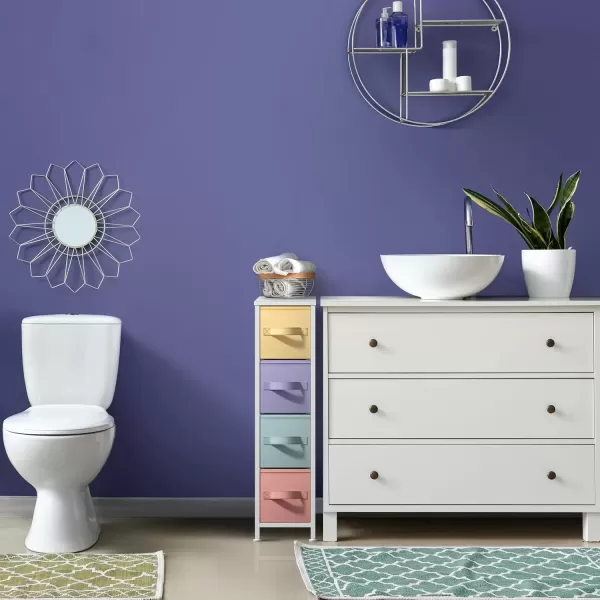 imageSorbus Narrow Dresser with 4 Drawers  Vertical Slim Storage Chest of Drawers with Steel Frame Wood Top ampamp Easy Pull Fabric Bins for Small Spaces Closets Bedroom Bathroom ampamp Laundry BeigePastel