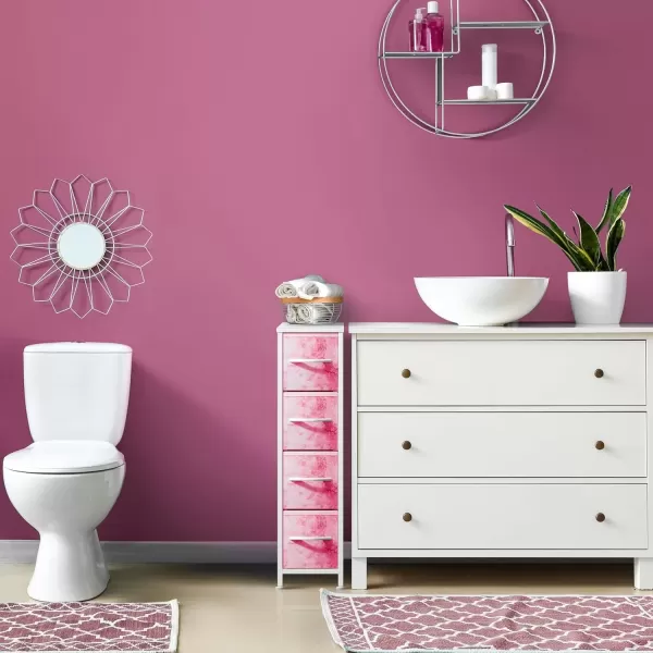 imageSorbus Narrow Dresser with 4 Drawers  Vertical Slim Storage Chest of Drawers with Steel Frame Wood Top ampamp Easy Pull Fabric Bins for Small Spaces Closets Bedroom Bathroom ampamp Laundry BeigeTiedye Pink