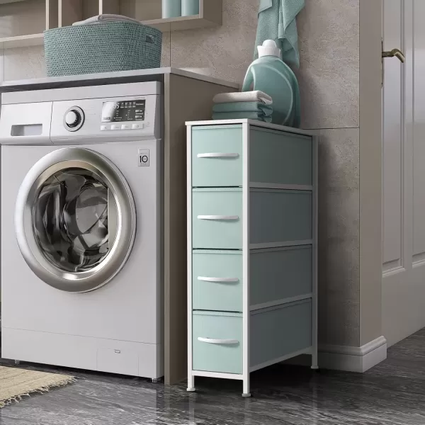 imageSorbus Narrow Dresser with 4 Drawers  Vertical Slim Storage Chest of Drawers with Steel Frame Wood Top ampamp Easy Pull Fabric Bins for Small Spaces Closets Bedroom Bathroom ampamp Laundry BeigePastel Aqua
