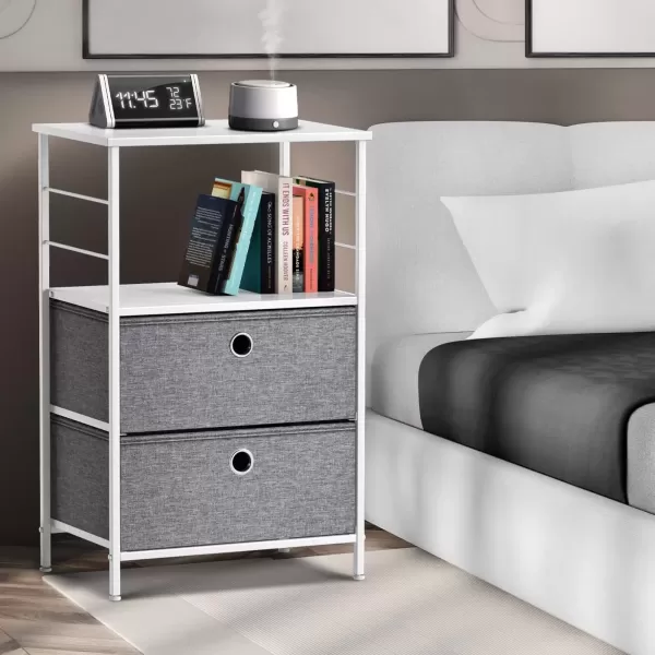 imageSorbus Nightstand 2Drawer Shelf Storage  Bedside Furniture ampamp End Table Chest Dresser with Steel Frame Wood Top ampamp Easy Pull Fabric Bins for Home Bedroom Closets Bathroom Office ampamp College DormWhiteGray