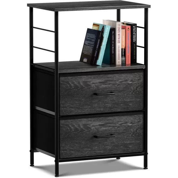 imageSorbus Nightstand 2Drawer Shelf Storage  Bedside Furniture ampamp End Table Chest Dresser with Steel Frame Wood Top ampamp Easy Pull Fabric Bins for Home Bedroom Closets Bathroom Office ampamp College DormGray Wood