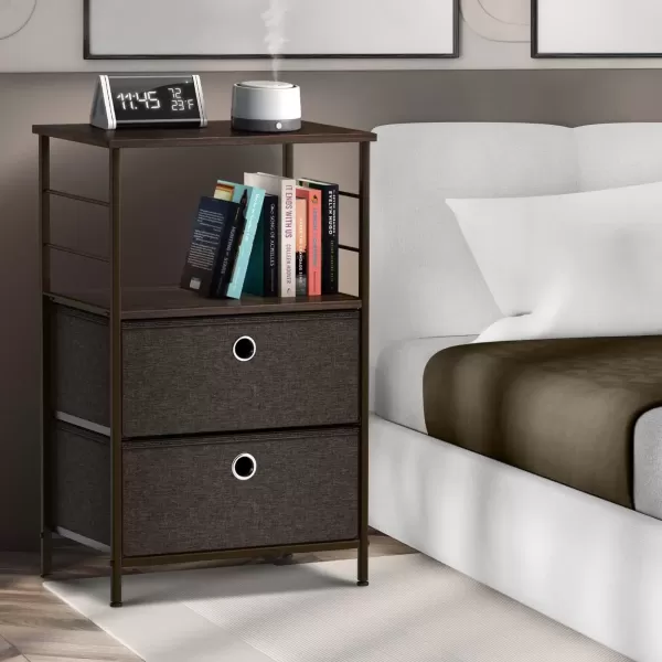 imageSorbus Nightstand 2Drawer Shelf Storage  Bedside Furniture ampamp End Table Chest Dresser with Steel Frame Wood Top ampamp Easy Pull Fabric Bins for Home Bedroom Closets Bathroom Office ampamp College DormBrown