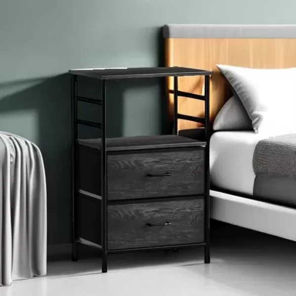 imageSorbus Nightstand 2Drawer Shelf Storage  Bedside Furniture ampamp End Table Chest Dresser with Steel Frame Wood Top ampamp Easy Pull Fabric Bins for Home Bedroom Closets Bathroom Office ampamp College DormGray Wood