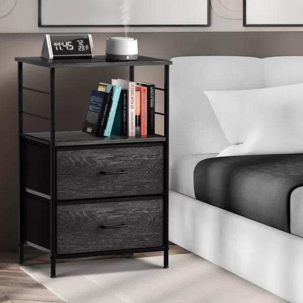 imageSorbus Nightstand 2Drawer Shelf Storage  Bedside Furniture ampamp End Table Chest Dresser with Steel Frame Wood Top ampamp Easy Pull Fabric Bins for Home Bedroom Closets Bathroom Office ampamp College DormGray Wood
