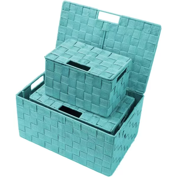 imageSorbus Storage Basket with Lid Mesh HandWoven Basket Decorative Storage Boxes with Lids Wicker Basket Organizers for Storage Variety Pack of 3  ChoclateAqua