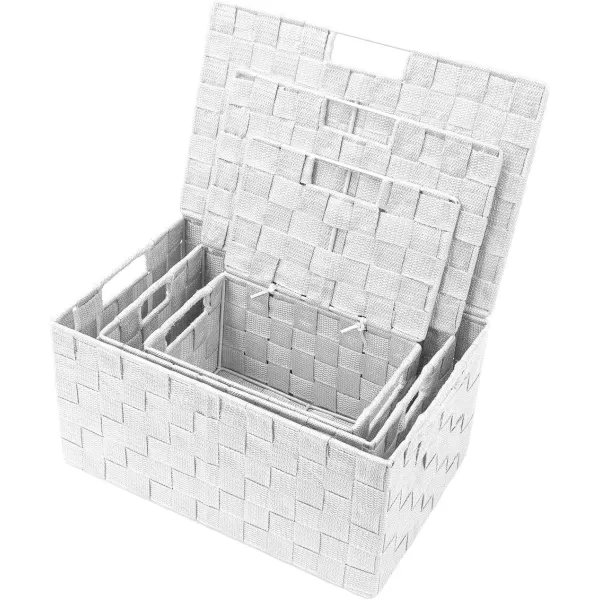 imageSorbus Storage Basket with Lid Mesh HandWoven Basket Decorative Storage Boxes with Lids Wicker Basket Organizers for Storage Variety Pack of 3  ChoclateWhite