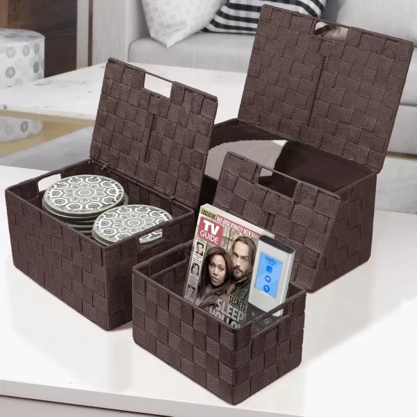 imageSorbus Storage Basket with Lid Mesh HandWoven Basket Decorative Storage Boxes with Lids Wicker Basket Organizers for Storage Variety Pack of 3  ChoclateChocolate