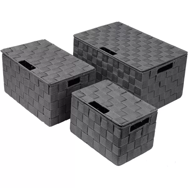 imageSorbus Storage Basket with Lid Mesh HandWoven Basket Decorative Storage Boxes with Lids Wicker Basket Organizers for Storage Variety Pack of 3  ChoclateGray