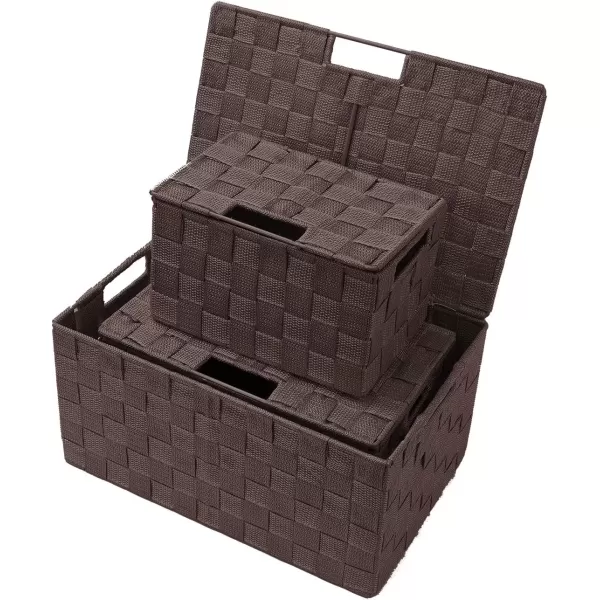imageSorbus Storage Basket with Lid Mesh HandWoven Basket Decorative Storage Boxes with Lids Wicker Basket Organizers for Storage Variety Pack of 3  ChoclateChocolate
