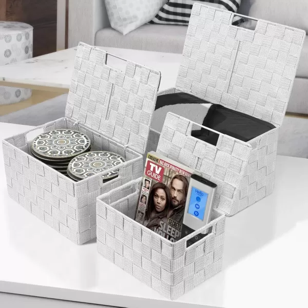 imageSorbus Storage Basket with Lid Mesh HandWoven Basket Decorative Storage Boxes with Lids Wicker Basket Organizers for Storage Variety Pack of 3  ChoclateWhite