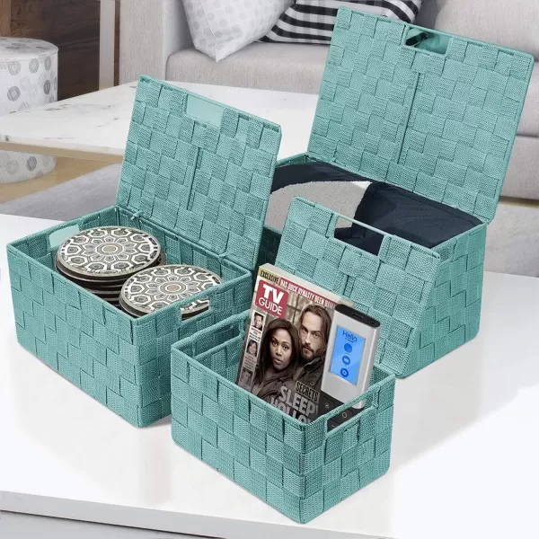 imageSorbus Storage Basket with Lid Mesh HandWoven Basket Decorative Storage Boxes with Lids Wicker Basket Organizers for Storage Variety Pack of 3  ChoclateAqua