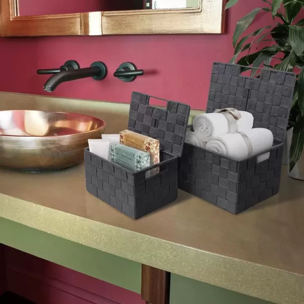imageSorbus Storage Basket with Lid Mesh HandWoven Basket Decorative Storage Boxes with Lids Wicker Basket Organizers for Storage Variety Pack of 3  ChoclateGray