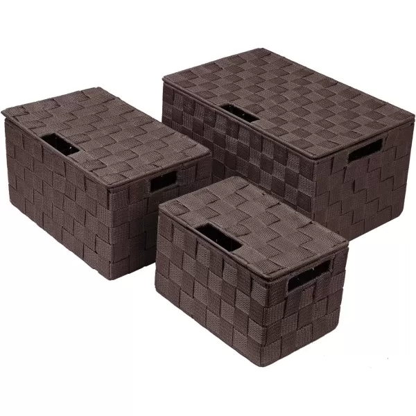 imageSorbus Storage Basket with Lid Mesh HandWoven Basket Decorative Storage Boxes with Lids Wicker Basket Organizers for Storage Variety Pack of 3  ChoclateChocolate