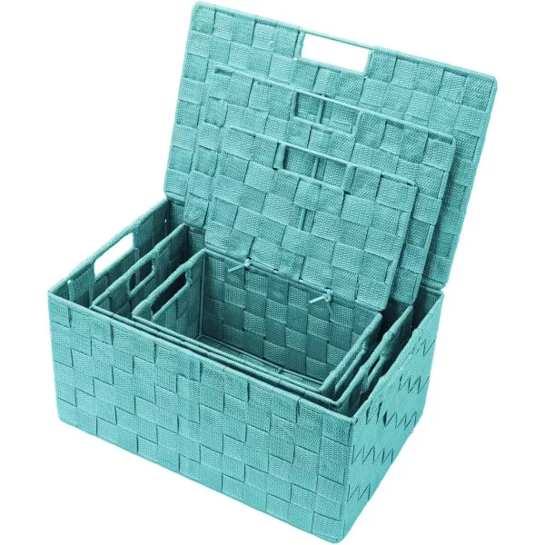 imageSorbus Storage Basket with Lid Mesh HandWoven Basket Decorative Storage Boxes with Lids Wicker Basket Organizers for Storage Variety Pack of 3  ChoclateAqua