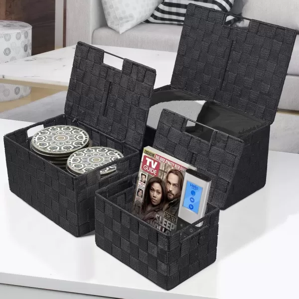 imageSorbus Storage Basket with Lid Mesh HandWoven Basket Decorative Storage Boxes with Lids Wicker Basket Organizers for Storage Variety Pack of 3  ChoclateBlack
