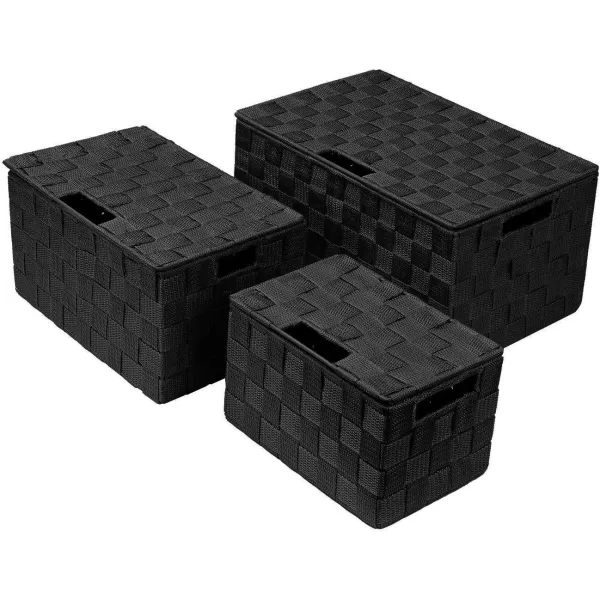 imageSorbus Storage Basket with Lid Mesh HandWoven Basket Decorative Storage Boxes with Lids Wicker Basket Organizers for Storage Variety Pack of 3  ChoclateBlack