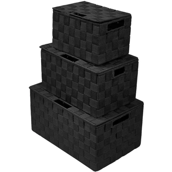 imageSorbus Storage Basket with Lid Mesh HandWoven Basket Decorative Storage Boxes with Lids Wicker Basket Organizers for Storage Variety Pack of 3  ChoclateBlack