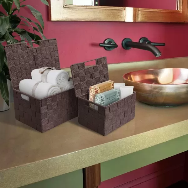 imageSorbus Storage Basket with Lid Mesh HandWoven Basket Decorative Storage Boxes with Lids Wicker Basket Organizers for Storage Variety Pack of 3  ChoclateChocolate