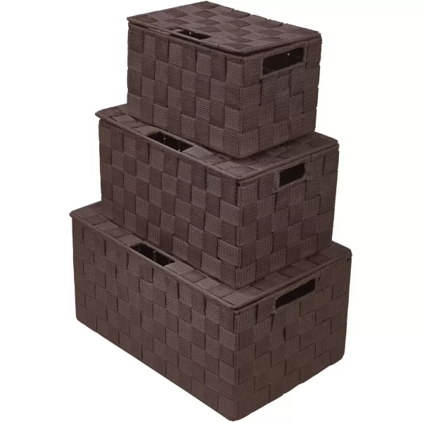 imageSorbus Storage Basket with Lid Mesh HandWoven Basket Decorative Storage Boxes with Lids Wicker Basket Organizers for Storage Variety Pack of 3  ChoclateChocolate