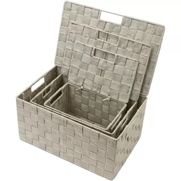 imageSorbus Storage Basket with Lid Mesh HandWoven Basket Decorative Storage Boxes with Lids Wicker Basket Organizers for Storage Variety Pack of 3  ChoclateBeige