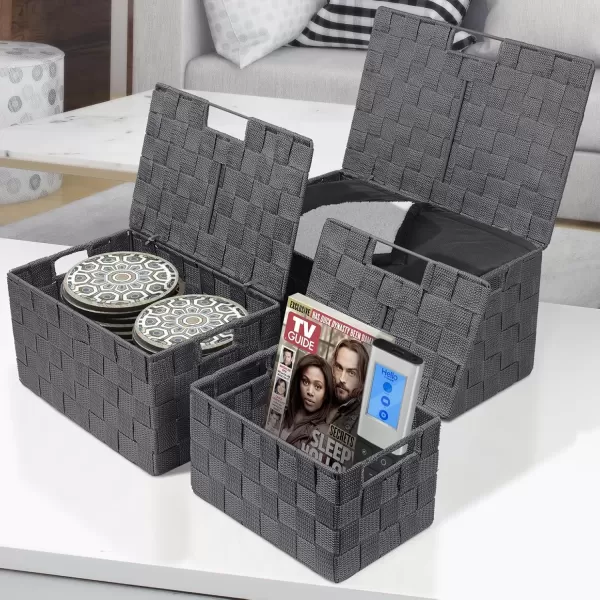 imageSorbus Storage Basket with Lid Mesh HandWoven Basket Decorative Storage Boxes with Lids Wicker Basket Organizers for Storage Variety Pack of 3  ChoclateGray