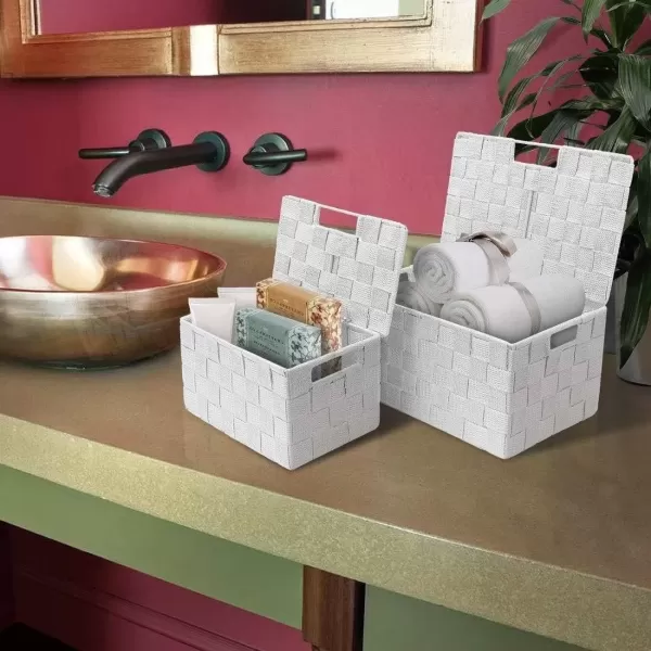 imageSorbus Storage Basket with Lid Mesh HandWoven Basket Decorative Storage Boxes with Lids Wicker Basket Organizers for Storage Variety Pack of 3  ChoclateWhite