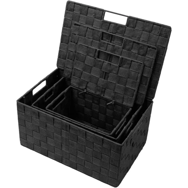 imageSorbus Storage Basket with Lid Mesh HandWoven Basket Decorative Storage Boxes with Lids Wicker Basket Organizers for Storage Variety Pack of 3  ChoclateBlack